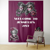 Masquerade bal roze zwart zilver maskers fuchsia wandkleed (In situ)