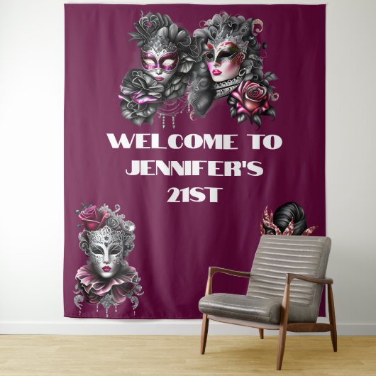 Masquerade bal roze zwart zilver maskers fuchsia wandkleed (In situ)