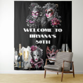 Masquerade bal verjaardag roze zwart zilver masker wandkleed (In situ)