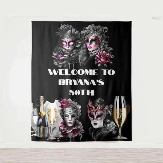 Masquerade bal verjaardag roze zwart zilver masker wandkleed (Voorkant)
