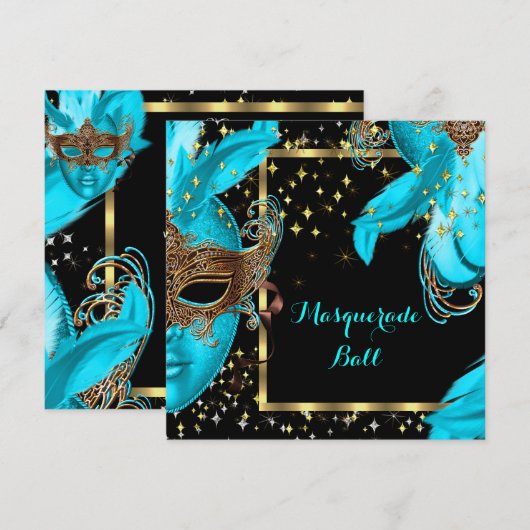 Masquerade Ball Blauwgroen Blue Maskparty Kaart (Voorkant / Achterkant)