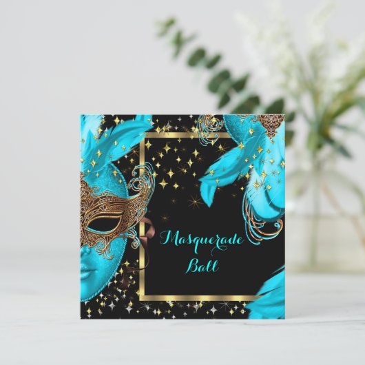 Masquerade Ball Blauwgroen Blue Maskparty Kaart (Staand voorkant)