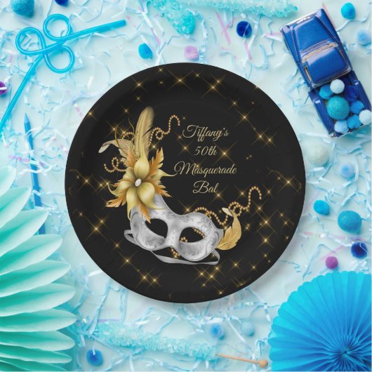 Masquerade Ball Bord, Black Gold Silver Papieren Bordje (Feest)