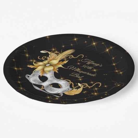 Masquerade Ball Bord, Black Gold Silver Papieren Bordje (Gekanteld)