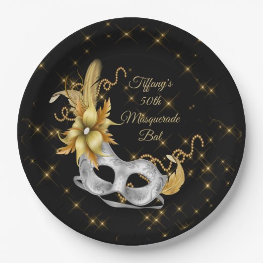 Masquerade Ball Bord, Black Gold Silver Papieren Bordje (Voorkant)