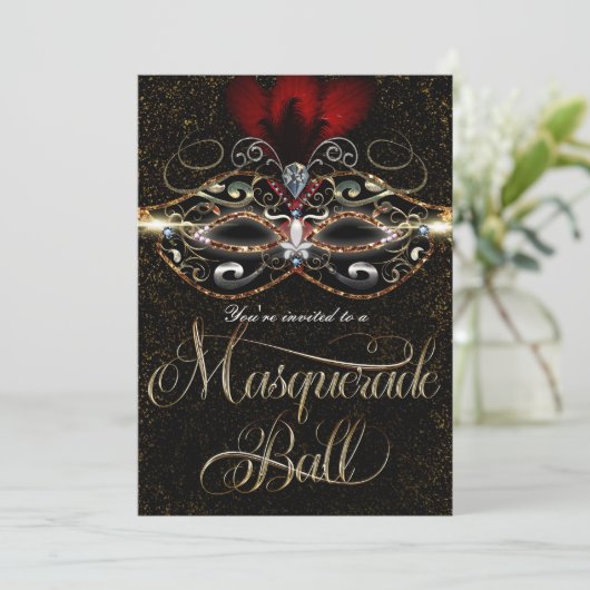 MASQUERADE BALL Elegant Red Gold Party-uitnodiging Kaart (Staand voorkant)