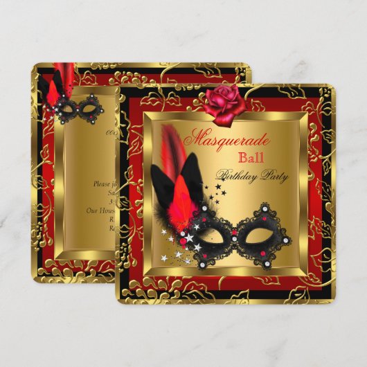 Masquerade Ball Gold Red Black Mask Roos Kaart (Voorkant / Achterkant)