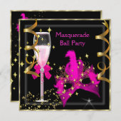 Masquerade Ball Hot-Pink Black Gold Mask Party Kaart (Voorkant / Achterkant)