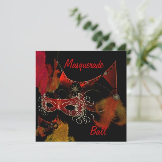 Masquerade Ball maskers Red Black Invite Party Kaart (Staand voorkant)