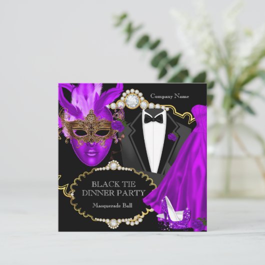 Masquerade Ball Paars Black Stropdas Dinner Party Kaart (Staand voorkant)