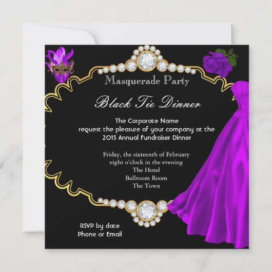 Masquerade Ball Paars Black Stropdas Dinner Party Kaart (Achterkant)