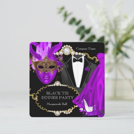 Masquerade Ball Paars Black Stropdas Dinner Party Kaart (Staand voorkant)