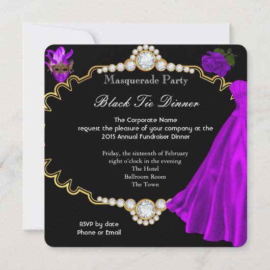 Masquerade Ball Paars Black Stropdas Dinner Party Kaart (Achterkant)