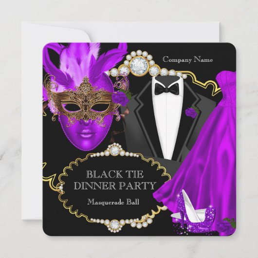 Masquerade Ball Paars Black Stropdas Dinner Party Kaart (Voorkant)