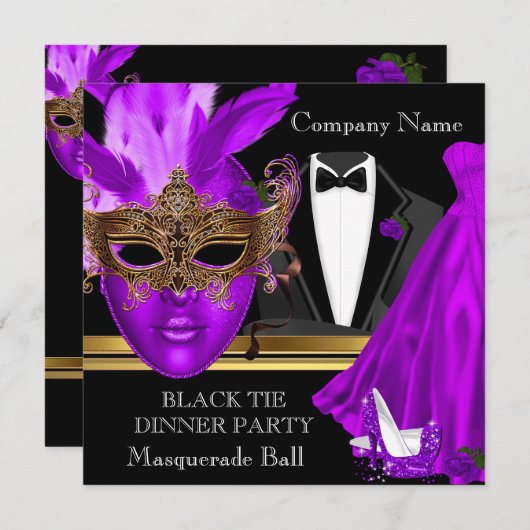 Masquerade Ball Paars Black Stropdas Party Kaart (Voorkant / Achterkant)