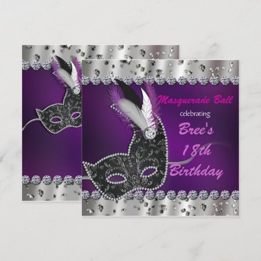 Masquerade Ball Paarse Silver Party Uitnodiging (Voorkant / Achterkant)