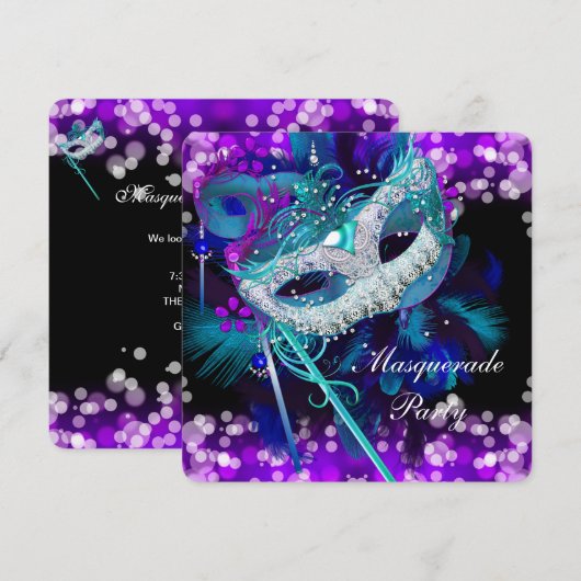 Masquerade Ball Party Blauwgroen blauw Paars Maske Kaart (Voorkant / Achterkant)