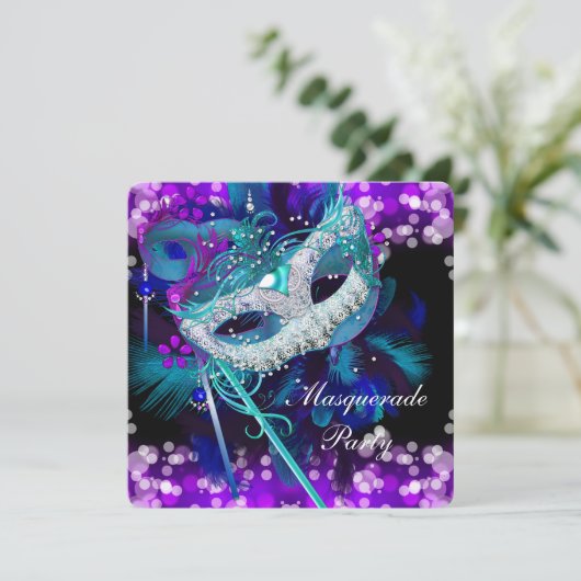Masquerade Ball Party Blauwgroen blauw Paars Maske Kaart (Staand voorkant)