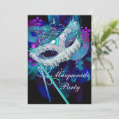 Masquerade Ball Party Blauwgroen Blauwe Zwarte Mas Kaart (Staand voorkant)