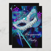 Masquerade Ball Party Blauwgroen Blauwe Zwarte Mas Kaart (Voorkant / Achterkant)