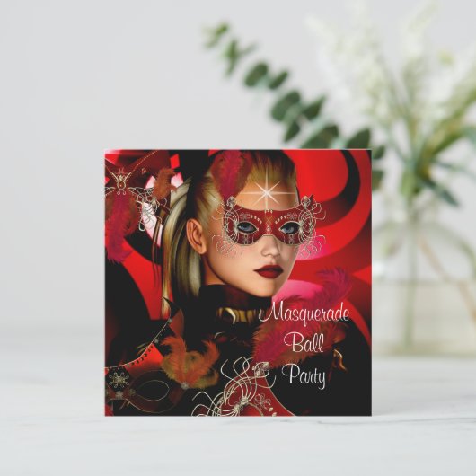 Masquerade Ball Party Mask Zwart Rood Meisje 3 Kaart (Staand voorkant)