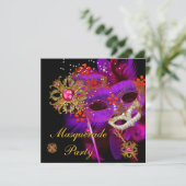 Masquerade Ball Party Paarse roze zwarte maskers Kaart (Staand voorkant)