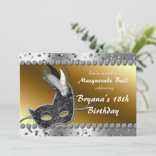 Masquerade Ball Party Silver Gold Uitnodiging (Staand voorkant)