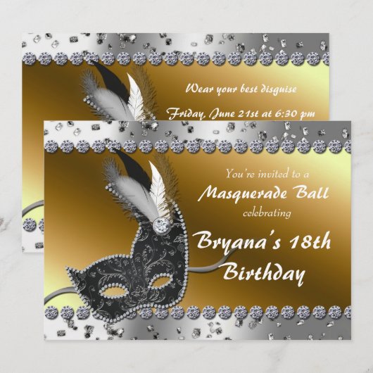 Masquerade Ball Party Silver Gold Uitnodiging (Voorkant / Achterkant)