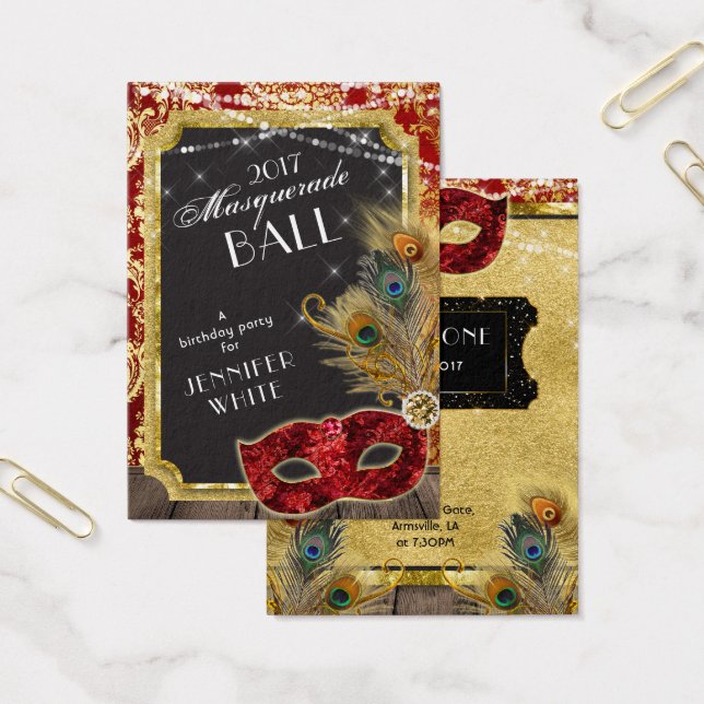 Masquerade Ball Red Gold Peacock toegangsbewijs Visitekaartjes (Kantoor)
