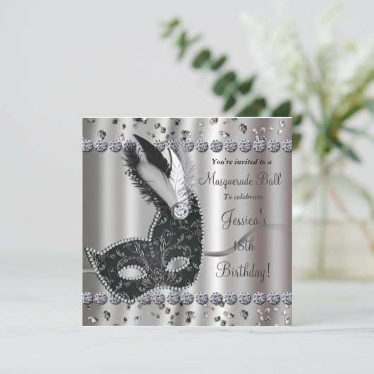 Masquerade Ball Silver Black Party Uitnodiging (Staand voorkant)