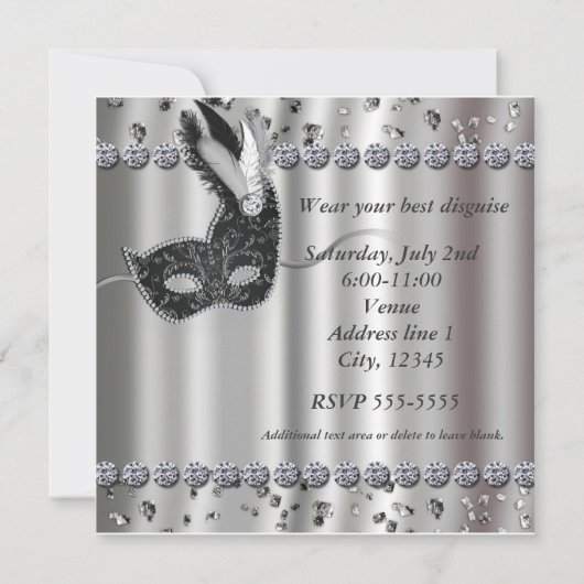 Masquerade Ball Silver Black Party Uitnodiging (Achterkant)