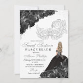 Masquerade Ball Sweet Sixteen Black & Silver Kaart (Voorkant)