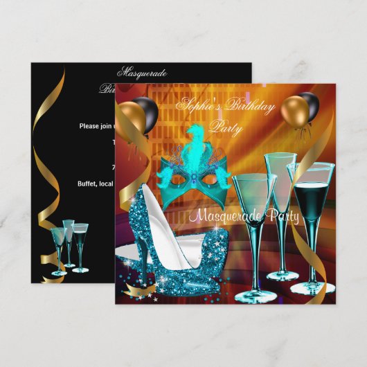 Masquerade Birthday Blauwgroen Gold Wine Stiletto  Kaart (Voorkant / Achterkant)