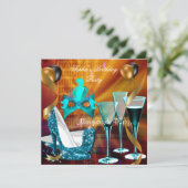 Masquerade Birthday Blauwgroen Gold Wine Stiletto  Kaart (Staand voorkant)