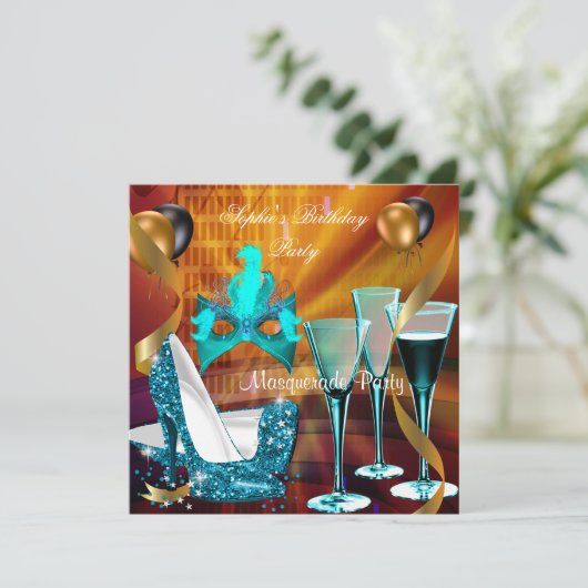 Masquerade Birthday Blauwgroen Gold Wine Stiletto  Kaart (Staand voorkant)