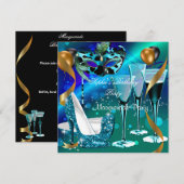 Masquerade Birthday Blauwgroen Gold Wine Stiletto  Kaart (Voorkant / Achterkant)