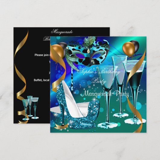 Masquerade Birthday Blauwgroen Gold Wine Stiletto  Kaart (Voorkant / Achterkant)