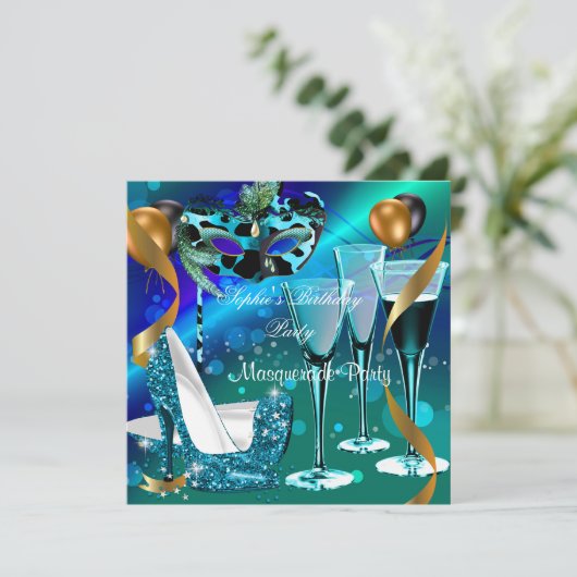 Masquerade Birthday Blauwgroen Gold Wine Stiletto  Kaart (Staand voorkant)