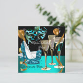 Masquerade Birthday Blauwgroen Gold Wine Stiletto  Kaart (Staand voorkant)