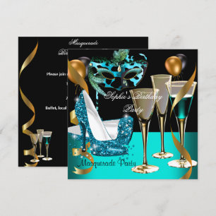Masquerade Birthday Blauwgroen Gold Wine Stiletto  Kaart