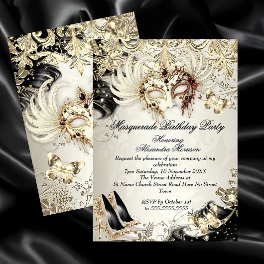 Masquerade birthday Gold Black Cream Butterfly Kaart