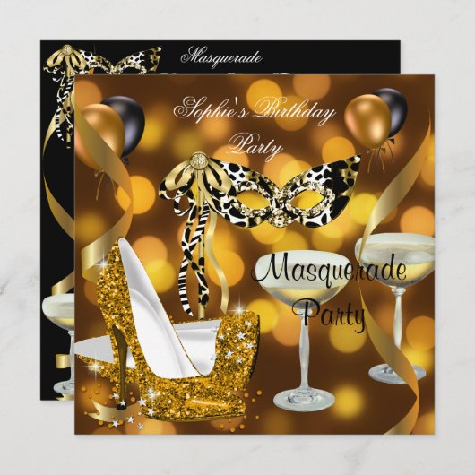 Masquerade Birthday Gold Stiletto Champagne 2 Kaart (Voorkant / Achterkant)