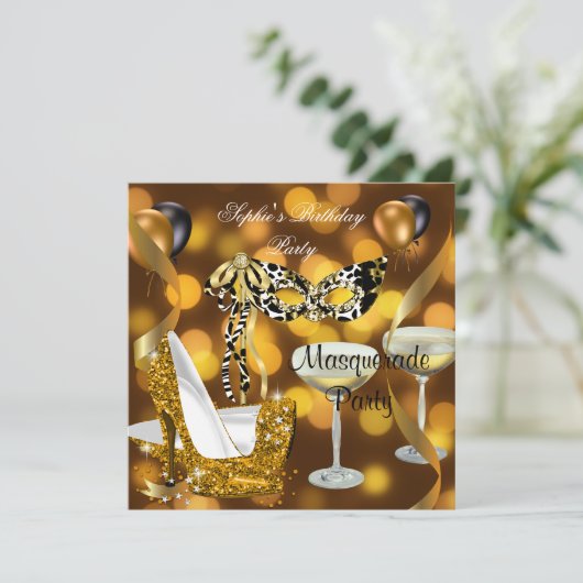 Masquerade Birthday Gold Stiletto Champagne 2 Kaart (Staand voorkant)