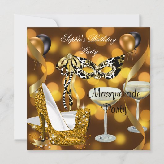 Masquerade Birthday Gold Stiletto Champagne 2 Kaart (Voorkant)