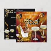 Masquerade Birthday Gold Stiletto Champagne Party Kaart (Voorkant / Achterkant)
