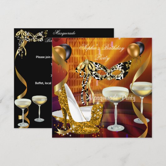 Masquerade Birthday Gold Stiletto Champagne Party Kaart (Voorkant / Achterkant)