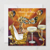 Masquerade Birthday Gold Stiletto Champagne Party Kaart (Voorkant)