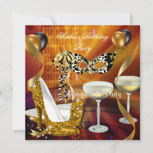 Masquerade Birthday Gold Stiletto Champagne Party Kaart