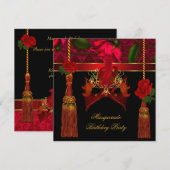 Masquerade Birthday party Black Red Rose Gold Kaart (Voorkant / Achterkant)