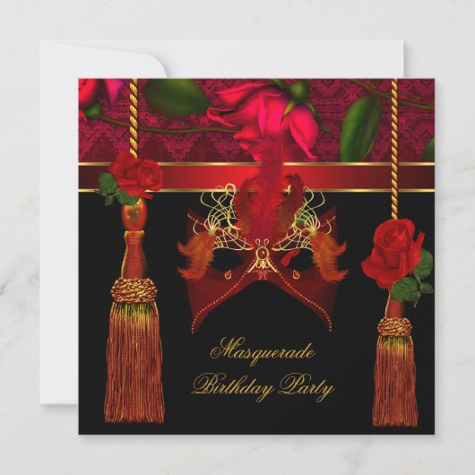 Masquerade Birthday party Black Red Rose Gold Kaart (Voorkant)